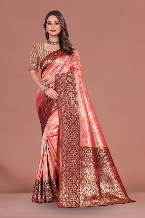 Royal_Peach-Red_Banarasi_Silk_Saree_with_Rich_Zari_Border_&_Traditional_Motifs_for_Wedding_&_Festive_Wear