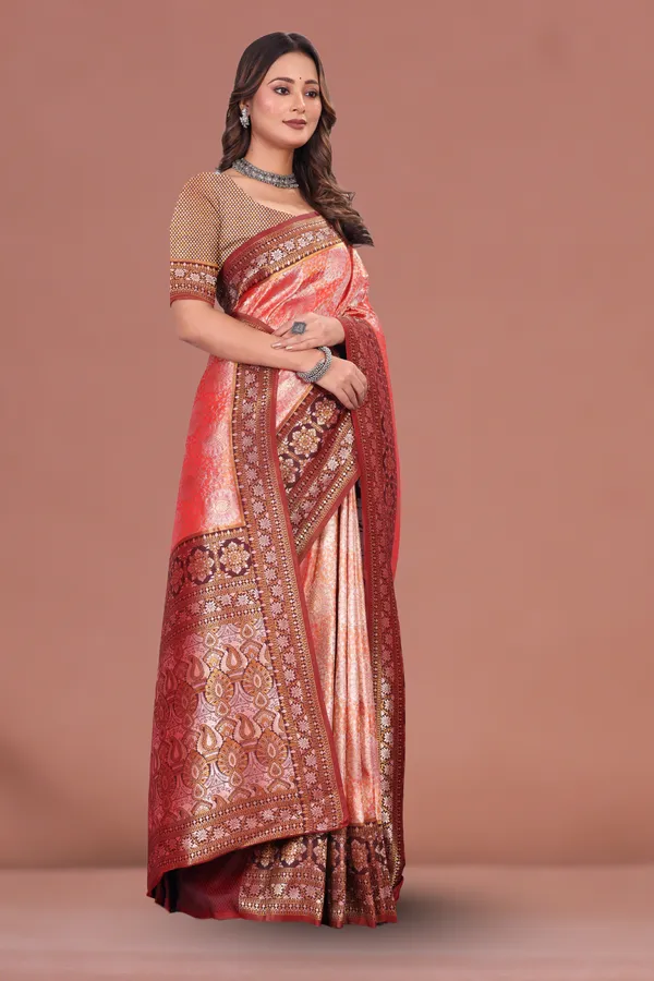 Royal_Peach-Red_Banarasi_Silk_Saree_with_Rich_Zari_Border_&_Traditional_Motifs_for_Wedding_&_Festive_Wear