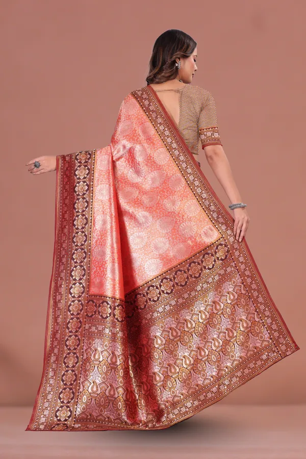 Royal_Peach-Red_Banarasi_Silk_Saree_with_Rich_Zari_Border_&_Traditional_Motifs_for_Wedding_&_Festive_Wear