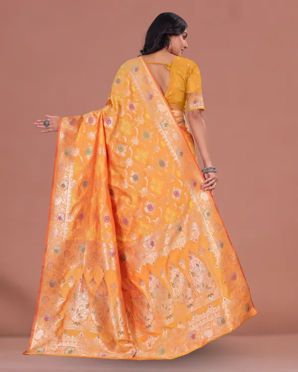 Golden_yellow_Elegant_Jacquard_Silk_Saree_with_Rich_Floral_Weaving_&_Contrast_Border