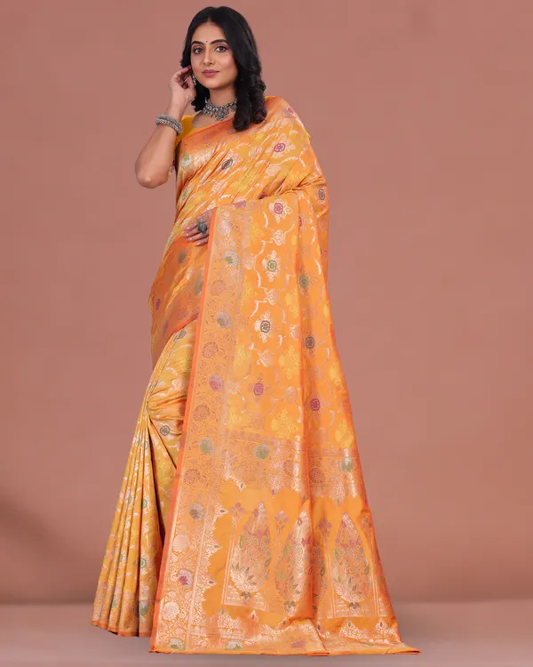 Golden_yellow_Elegant_Jacquard_Silk_Saree_with_Rich_Floral_Weaving_&_Contrast_Border