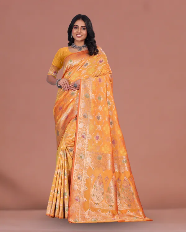 Golden_yellow_Elegant_Jacquard_Silk_Saree_with_Rich_Floral_Weaving_&_Contrast_Border