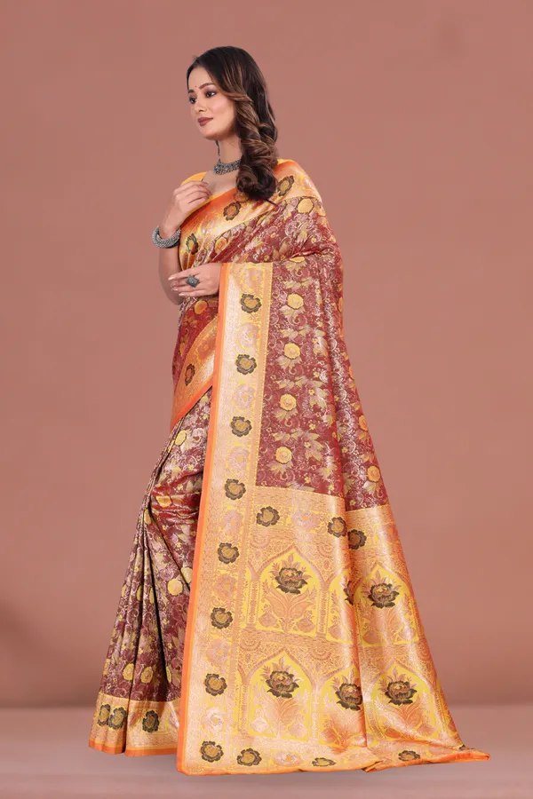 Yellow_&_Maroon_Banarasi_Silk_Saree_with_Antique_Zari_and_Floral_Motifs