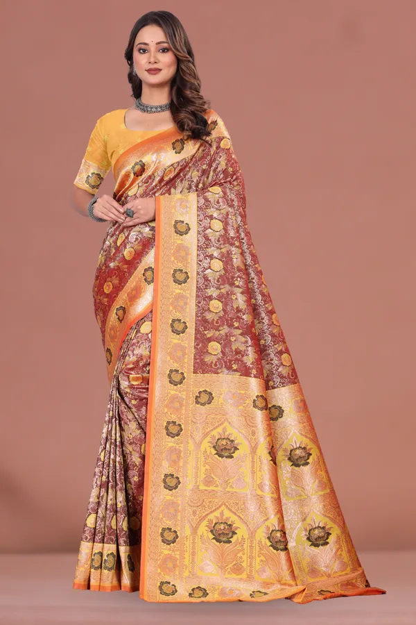 Yellow_&_Maroon_Banarasi_Silk_Saree_with_Antique_Zari_and_Floral_Motifs