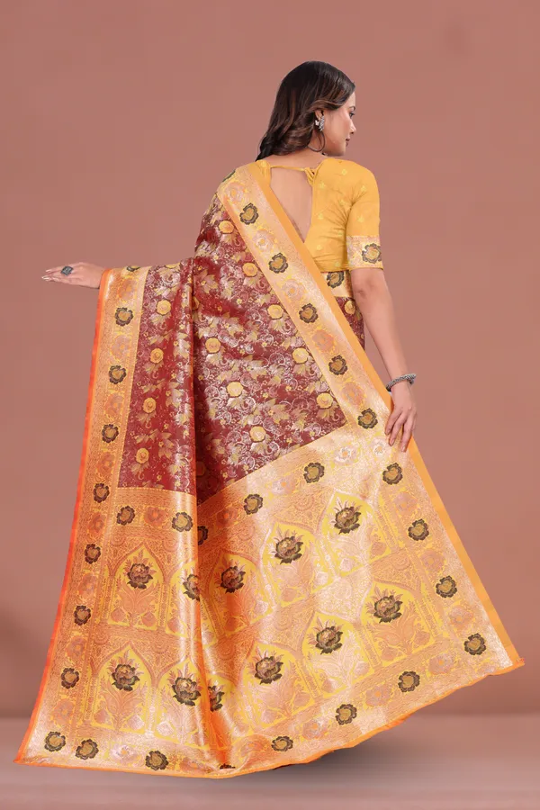 Yellow_&_Maroon_Banarasi_Silk_Saree_with_Antique_Zari_and_Floral_Motifs