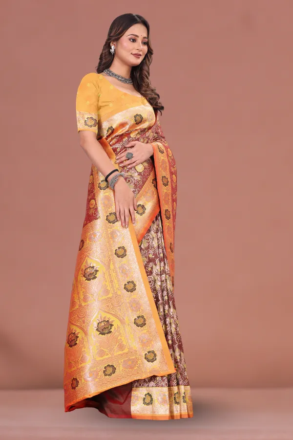 Yellow_&_Maroon_Banarasi_Silk_Saree_with_Antique_Zari_and_Floral_Motifs