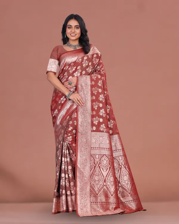 Elegant_Brown_Banarasi_Silk_Saree_with_Golden_Zari_Weaving_&_Traditional_Border