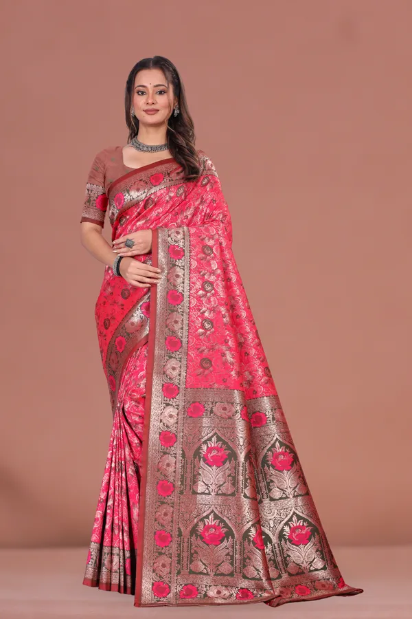 Rich_Pink_Banarasi_Silk_Saree_with_Antique_Zari_&_Floral_Weaving