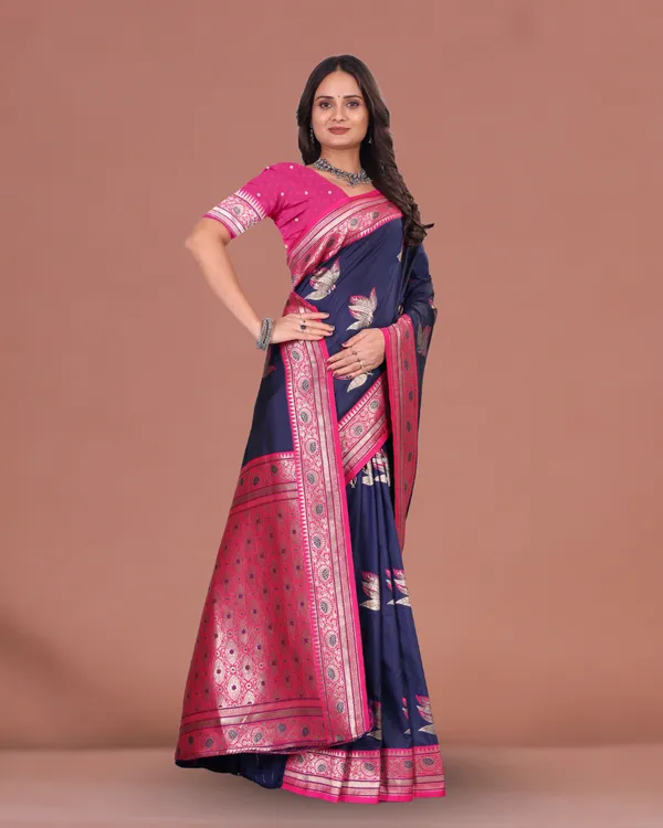 Elegant_Navy_Blue_&_Pink_Banarasi_Silk_Saree_with_Golden_Zari_Border_&_Blouse_Piece