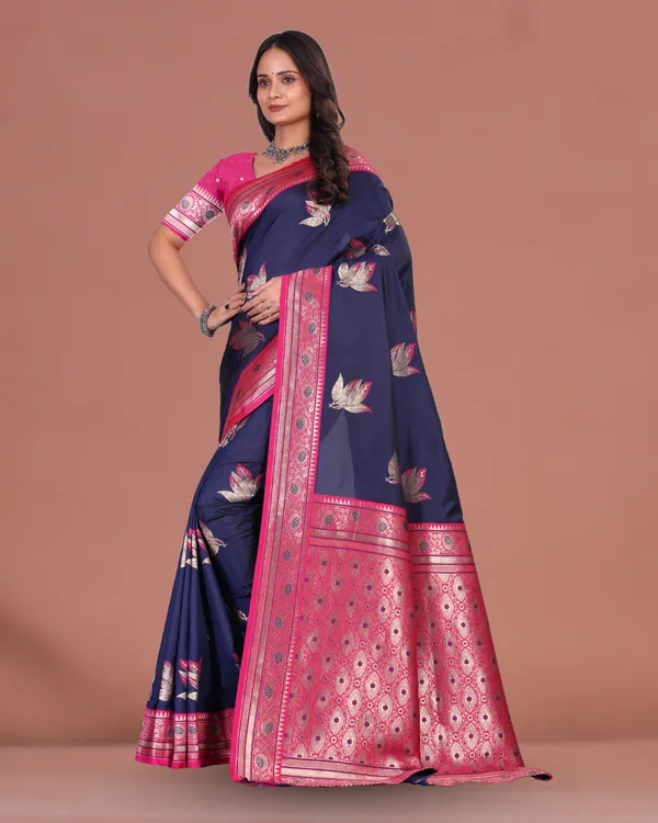 Elegant_Navy_Blue_&_Pink_Banarasi_Silk_Saree_with_Golden_Zari_Border_&_Blouse_Piece
