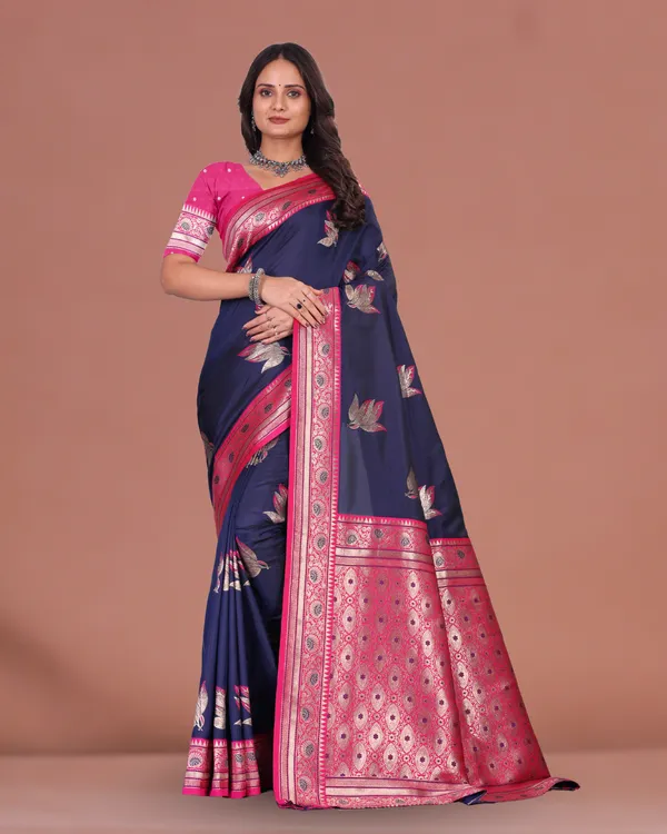 Elegant_Navy_Blue_&_Pink_Banarasi_Silk_Saree_with_Golden_Zari_Border_&_Blouse_Piece