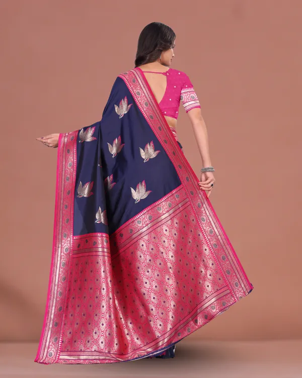 Elegant_Navy_Blue_&_Pink_Banarasi_Silk_Saree_with_Golden_Zari_Border_&_Blouse_Piece