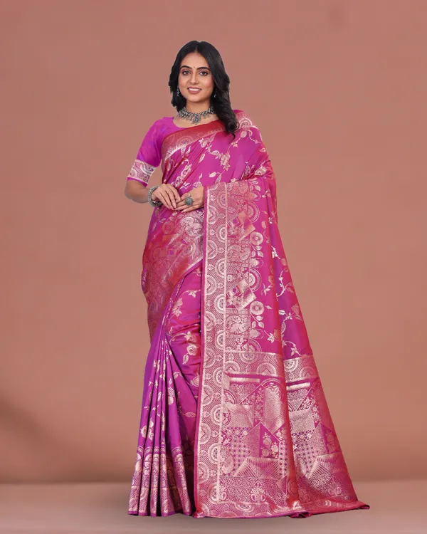 Magenta_Pink_Banarasi_Silk_Saree_with_Heavy_Golden_Zari_Weaving_&_Blouse_Piece