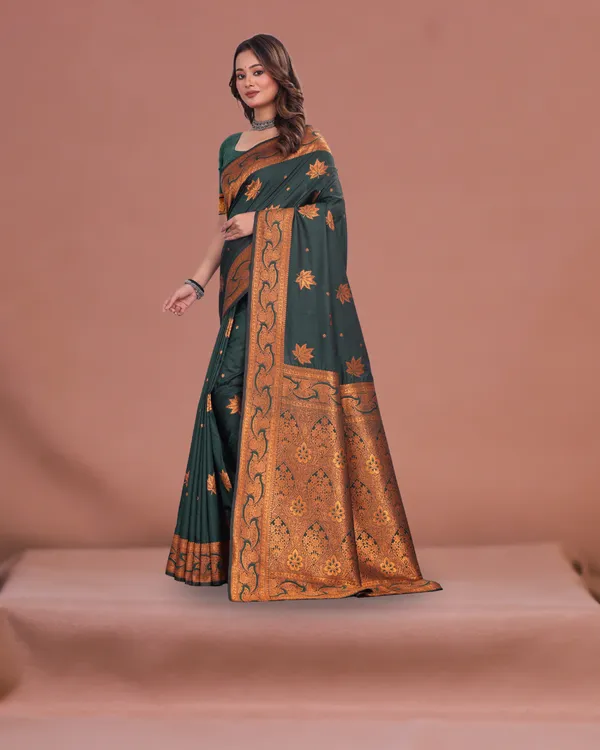 Elegant_Dark_Green_Banarasi_Silk_Saree_with_Rich_Golden_Zari_Work_&_Traditional_Motifs