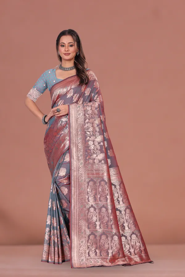 Elegant_Grey_Banarasi_Silk_Saree_with_Rose_Gold_Zari_Weaving_for_Weddings_&_Festive_Wear