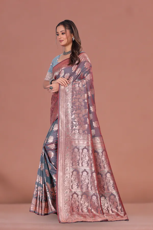 Elegant_Grey_Banarasi_Silk_Saree_with_Rose_Gold_Zari_Weaving_for_Weddings_&_Festive_Wear