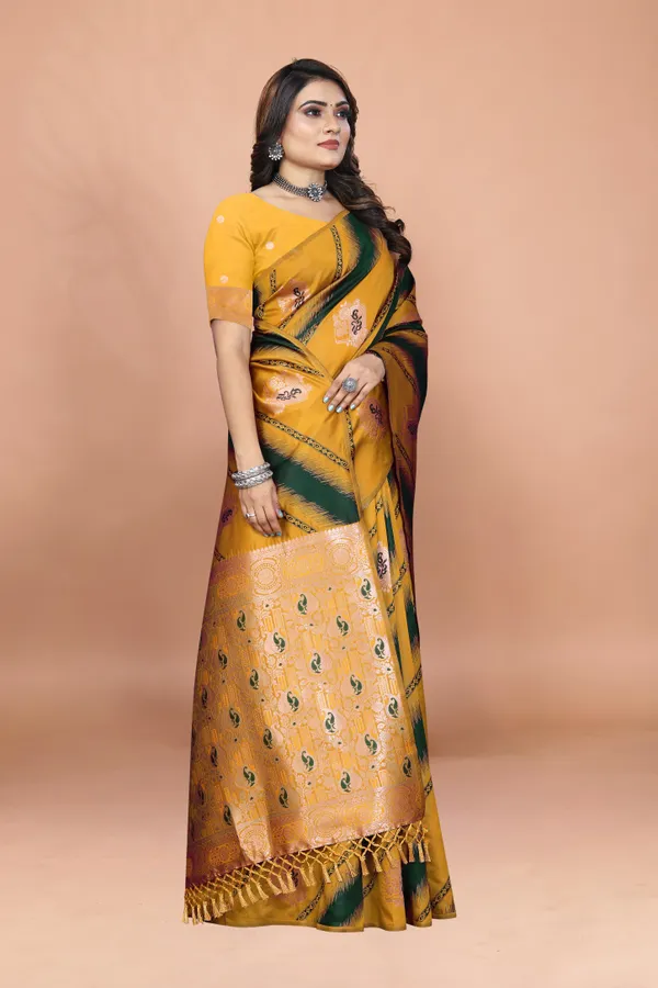 Yellow_Banarasi_Soft_Silk_Saree_with_Green_Diagonal_Stripes_and_Zari_Woven_Pallu