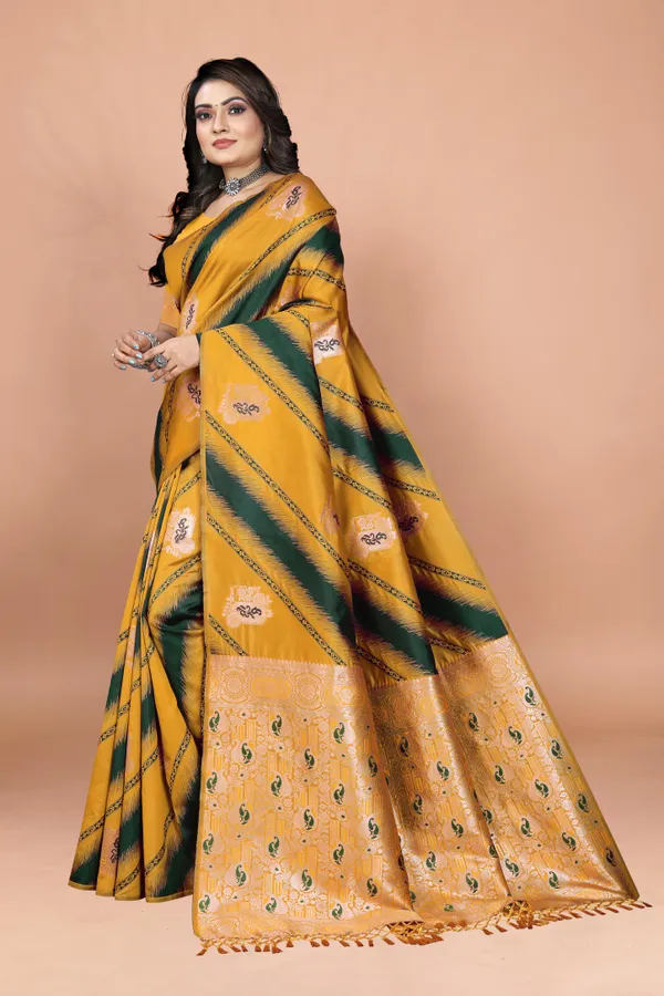 Yellow_Banarasi_Soft_Silk_Saree_with_Green_Diagonal_Stripes_and_Zari_Woven_Pallu