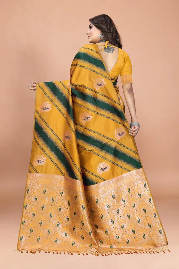 Yellow_Banarasi_Soft_Silk_Saree_with_Green_Diagonal_Stripes_and_Zari_Woven_Pallu