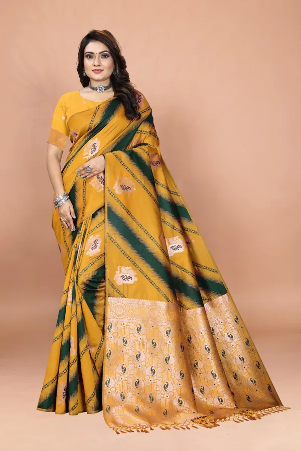 Yellow_Banarasi_Soft_Silk_Saree_with_Green_Diagonal_Stripes_and_Zari_Woven_Pallu