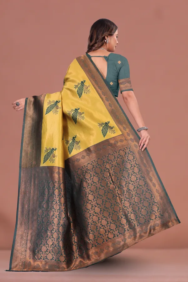 Graceful_Mustard_Yellow_&_Dark_Green_Banarasi_Silk_Saree_with_Peacock_Motif_and_Antique_Zari_Border_Wedding_&_Festive_Wear