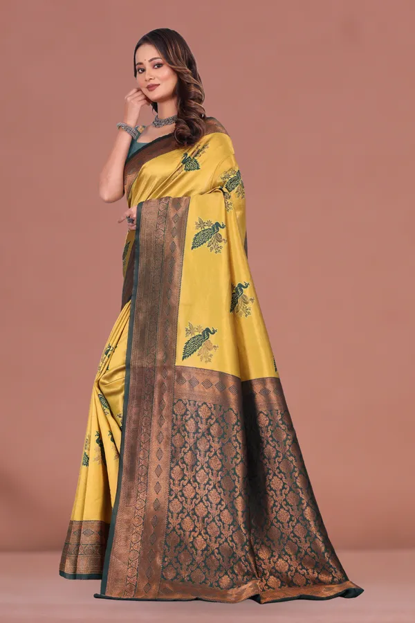 Graceful_Mustard_Yellow_&_Dark_Green_Banarasi_Silk_Saree_with_Peacock_Motif_and_Antique_Zari_Border_Wedding_&_Festive_Wear