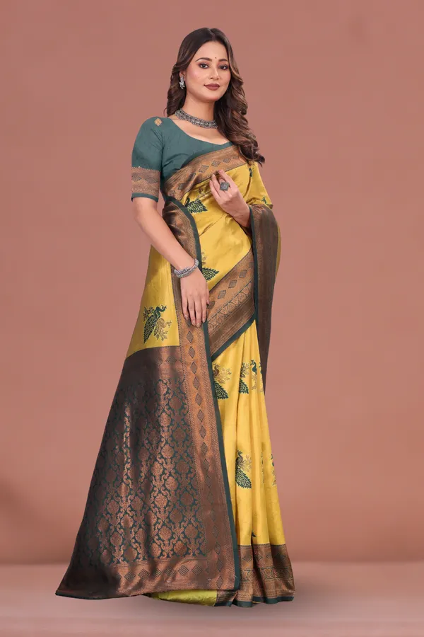 Graceful_Mustard_Yellow_&_Dark_Green_Banarasi_Silk_Saree_with_Peacock_Motif_and_Antique_Zari_Border_Wedding_&_Festive_Wear