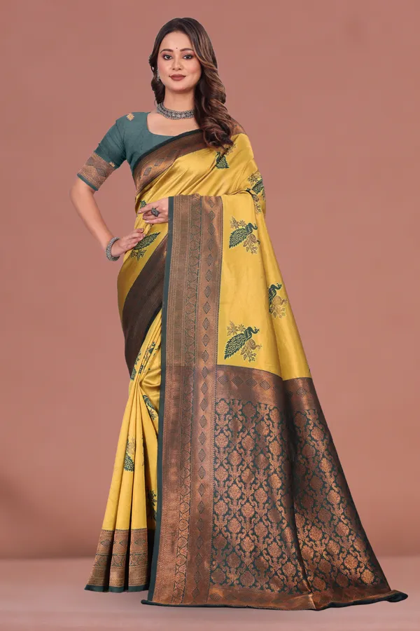Graceful_Mustard_Yellow_&_Dark_Green_Banarasi_Silk_Saree_with_Peacock_Motif_and_Antique_Zari_Border_Wedding_&_Festive_Wear