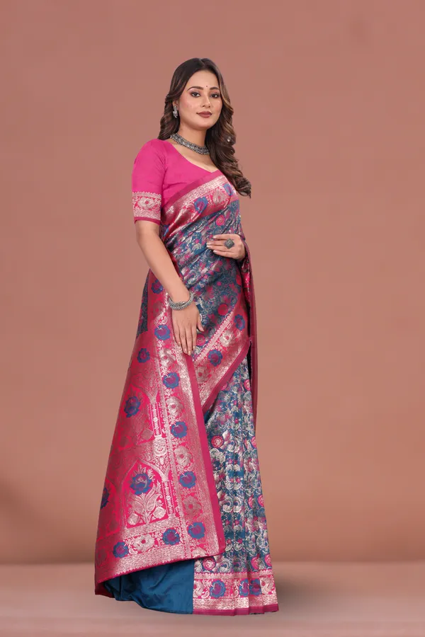Navy_Blue_&_Pink_Banarasi_Silk_Saree_with_Rich_Floral_Zari_Weaving
