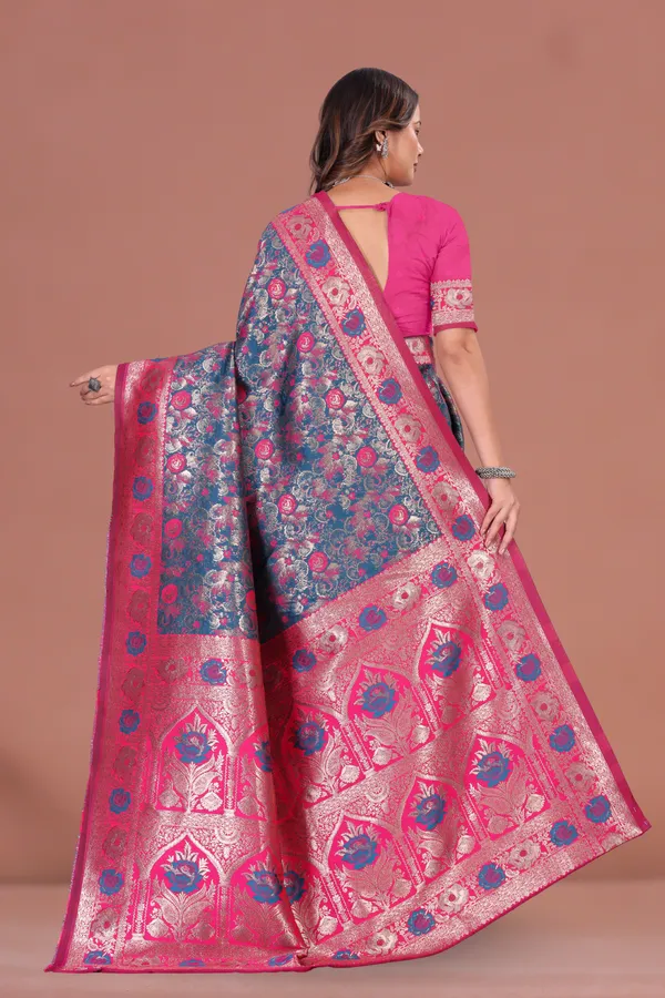 Navy_Blue_&_Pink_Banarasi_Silk_Saree_with_Rich_Floral_Zari_Weaving