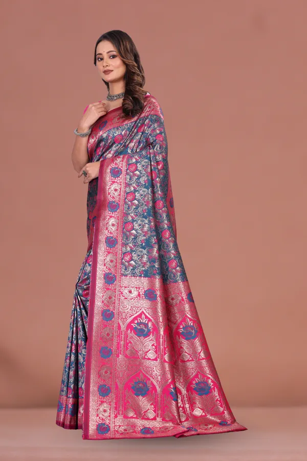 Navy_Blue_&_Pink_Banarasi_Silk_Saree_with_Rich_Floral_Zari_Weaving