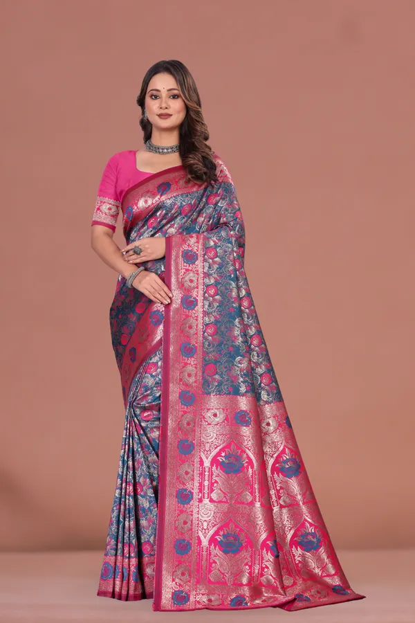 Navy_Blue_&_Pink_Banarasi_Silk_Saree_with_Rich_Floral_Zari_Weaving