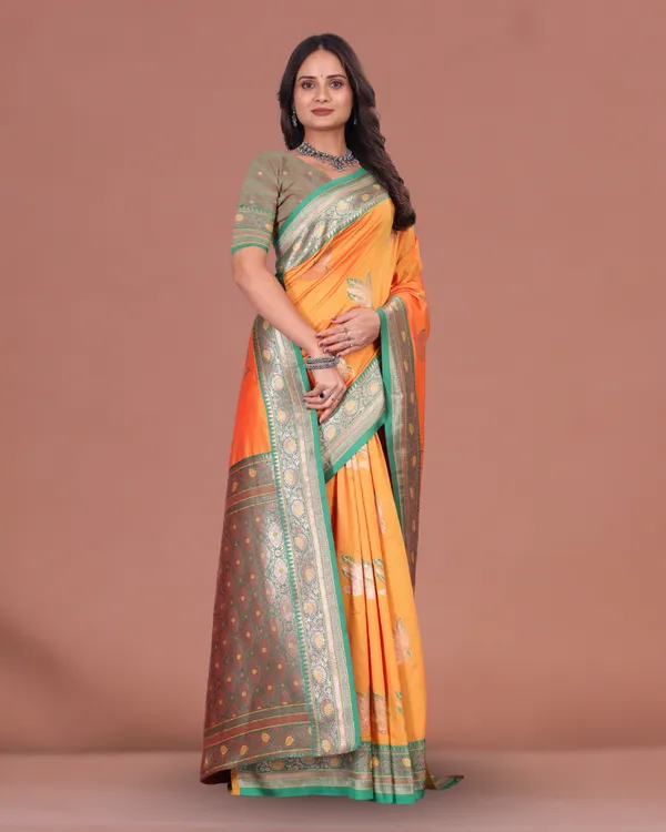Elegant_Orange_&_Green_Banarasi_Silk_Saree_with_Golden_Zari_Border_&_Blouse_Piece