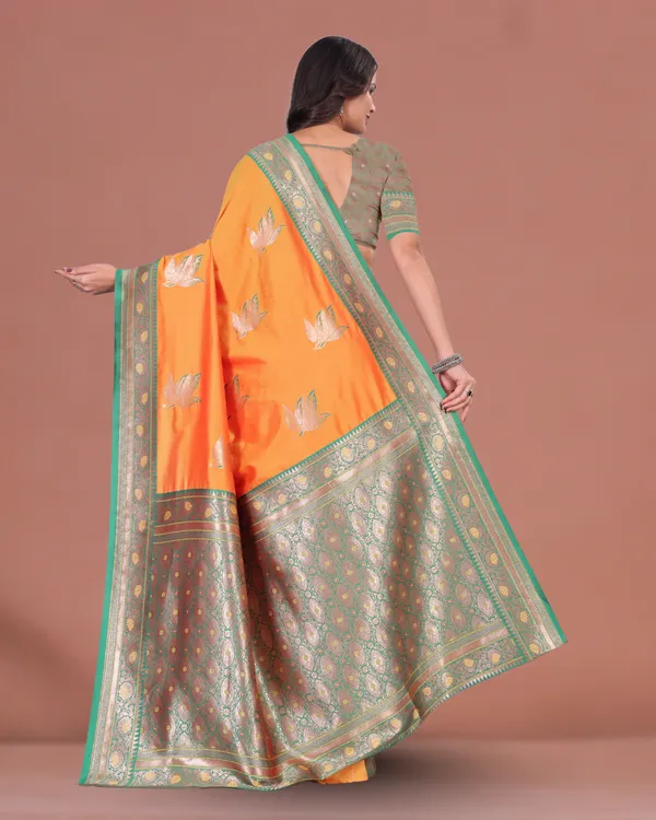 Elegant_Orange_&_Green_Banarasi_Silk_Saree_with_Golden_Zari_Border_&_Blouse_Piece
