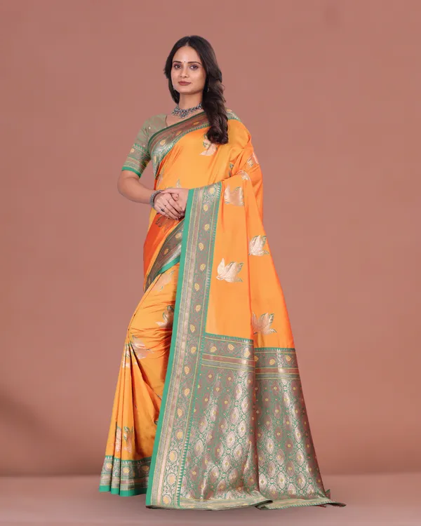 Elegant_Orange_&_Green_Banarasi_Silk_Saree_with_Golden_Zari_Border_&_Blouse_Piece