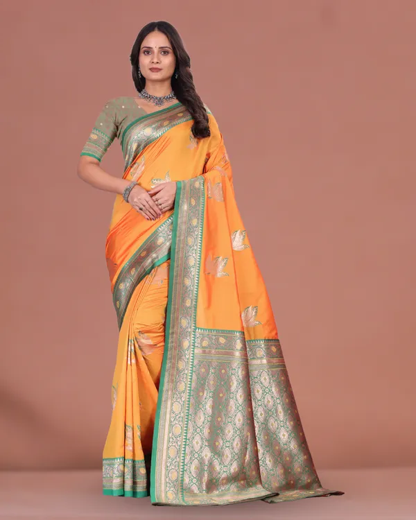 Elegant_Orange_&_Green_Banarasi_Silk_Saree_with_Golden_Zari_Border_&_Blouse_Piece