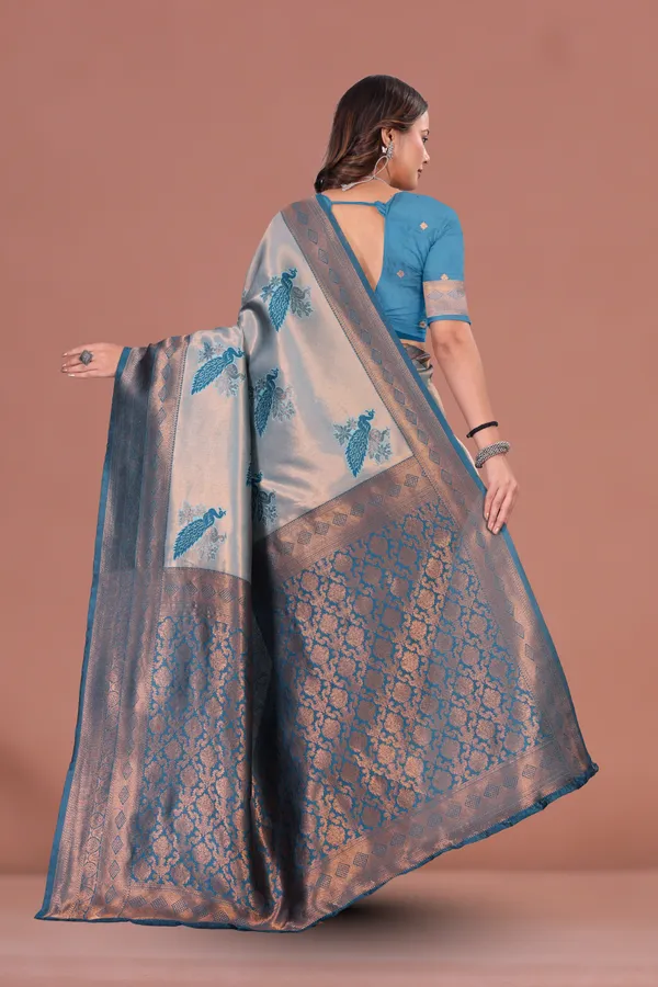 Elegant_Grey_&_Blue_Banarasi_Silk_Saree_with_Peacock_Motif_and_Antique_Zari_Border_Wedding_&_Festive_Wear