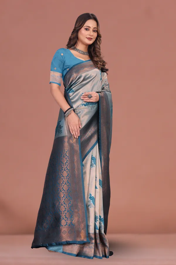 Elegant_Grey_&_Blue_Banarasi_Silk_Saree_with_Peacock_Motif_and_Antique_Zari_Border_Wedding_&_Festive_Wear