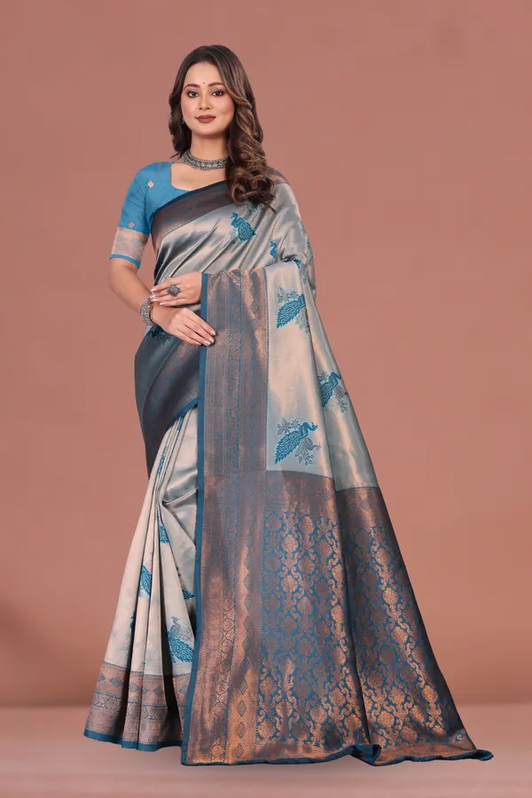 Elegant_Grey_&_Blue_Banarasi_Silk_Saree_with_Peacock_Motif_and_Antique_Zari_Border_Wedding_&_Festive_Wear