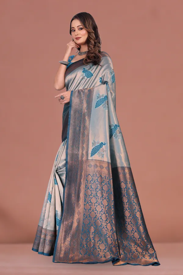Elegant_Grey_&_Blue_Banarasi_Silk_Saree_with_Peacock_Motif_and_Antique_Zari_Border_Wedding_&_Festive_Wear