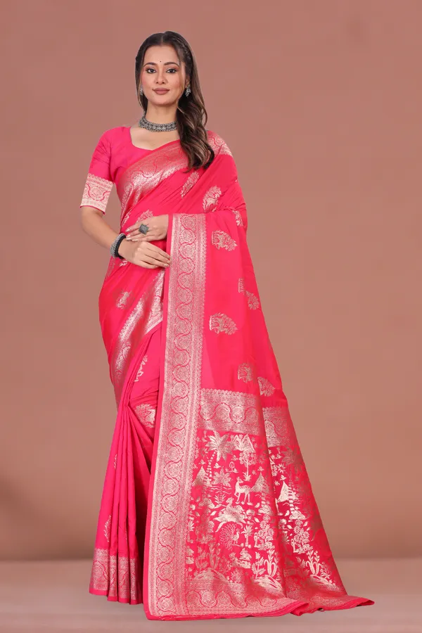Elegant_Pink_Banarasi_Silk_Saree_with_Intricate_Golden_Zari_Weaving