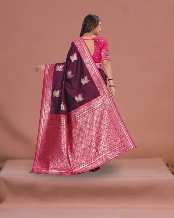 Wine_Banarasi_Silk_Saree_with_Pink_Zari_Border