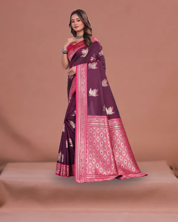 Wine_Banarasi_Silk_Saree_with_Pink_Zari_Border