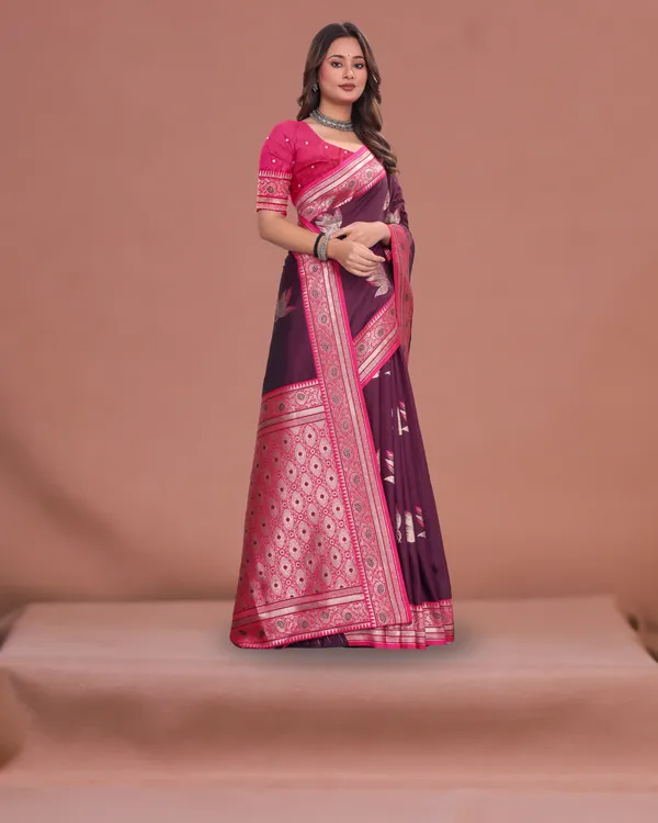 Wine_Banarasi_Silk_Saree_with_Pink_Zari_Border