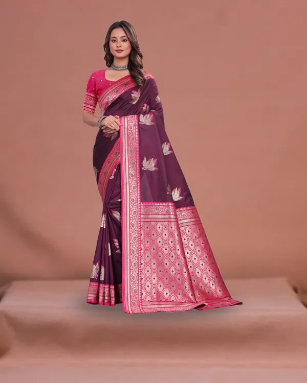 Wine_Banarasi_Silk_Saree_with_Pink_Zari_Border