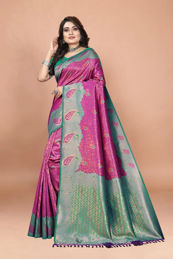 Pink_&_Green_Banarasi_Soft_Silk_Saree_with_Rich_Zari_Weaving_and_Paisley_Motifs