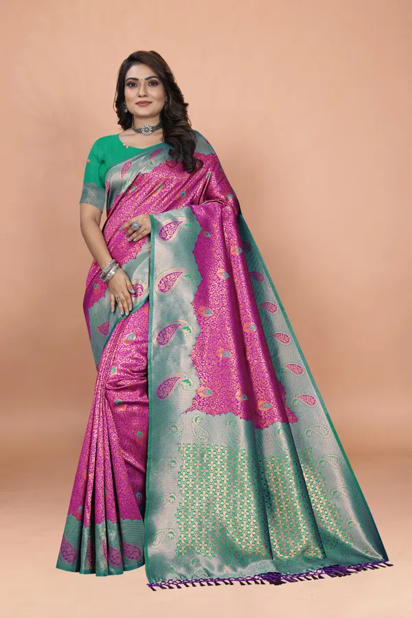 Pink_&_Green_Banarasi_Soft_Silk_Saree_with_Rich_Zari_Weaving_and_Paisley_Motifs