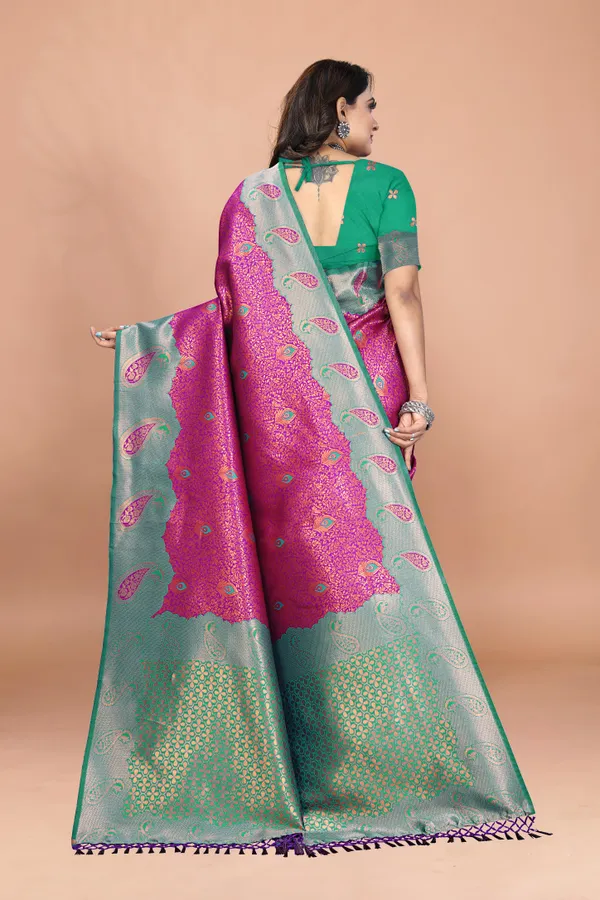Pink_&_Green_Banarasi_Soft_Silk_Saree_with_Rich_Zari_Weaving_and_Paisley_Motifs