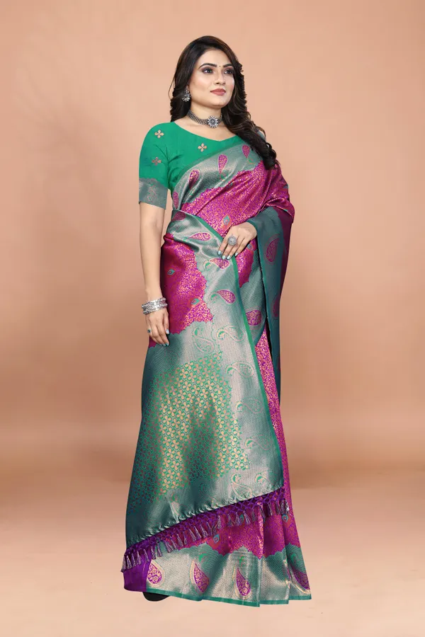 Pink_&_Green_Banarasi_Soft_Silk_Saree_with_Rich_Zari_Weaving_and_Paisley_Motifs