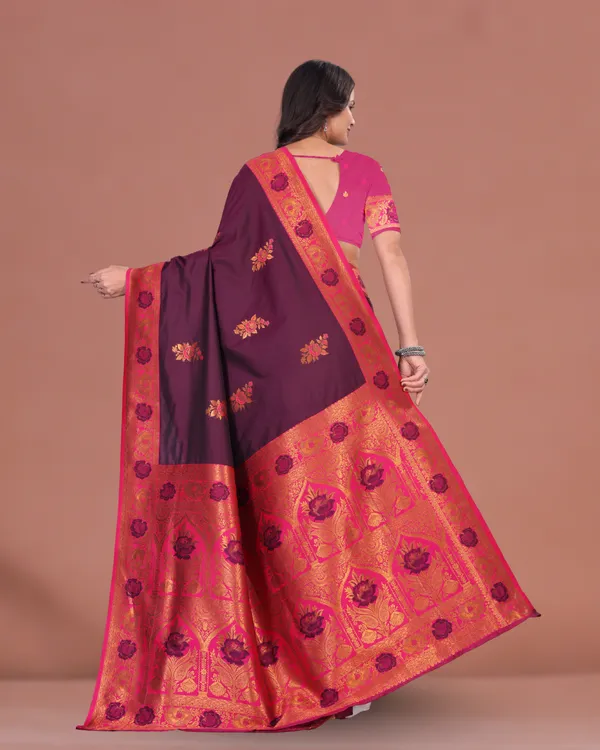 Royal_Maroon_Banarasi_Silk_Saree_with_Golden_Zari_and_Contrast_Blouse